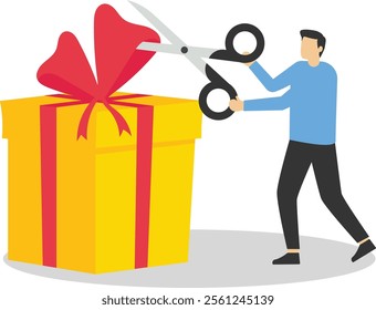 Scissors cutting gift box. Flat vector illustration.

