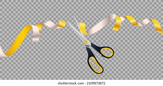 Scissors cutting golden metallic ribbon. 3d vector illustration
