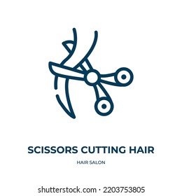 Icono de tijeras cortando pelo. Ilustración vectorial lineal de la colección de peluquerías. Borde tijeras cortando el vector de icono del cabello. Símbolo de línea delgada para uso en aplicaciones web y móviles, logotipo, medios impresos.