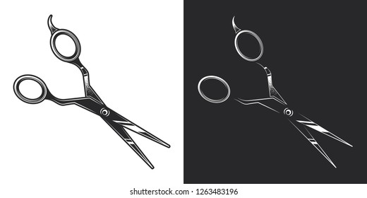 Scissors for cutting hair. Monochrome vector illustration on white and dark background. Design element.