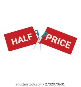 Scissors cutting a half price label, representing a discount offer, sale or promotion