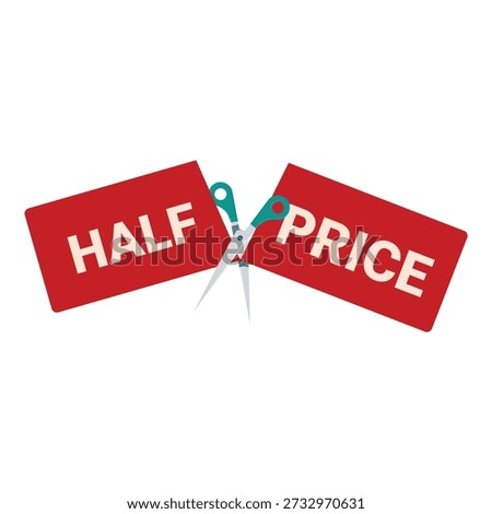 Scissors cutting a half price label, representing a discount offer, sale or promotion