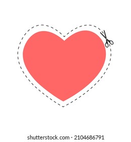 Scissors cutting heart shape with dotted outline line. Valentine day cut here pictogram for paper discount coupons, vouchers, promo codes. Vector flat illustration.