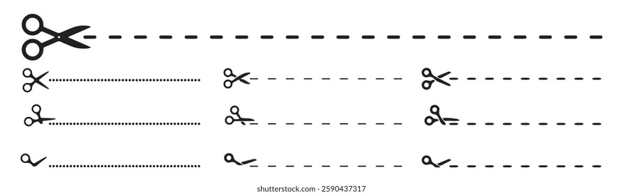 Scissors Cutting Line Icons Collection – Vector Illustrations of Scissors Cutting Dashed Lines in Various Styles