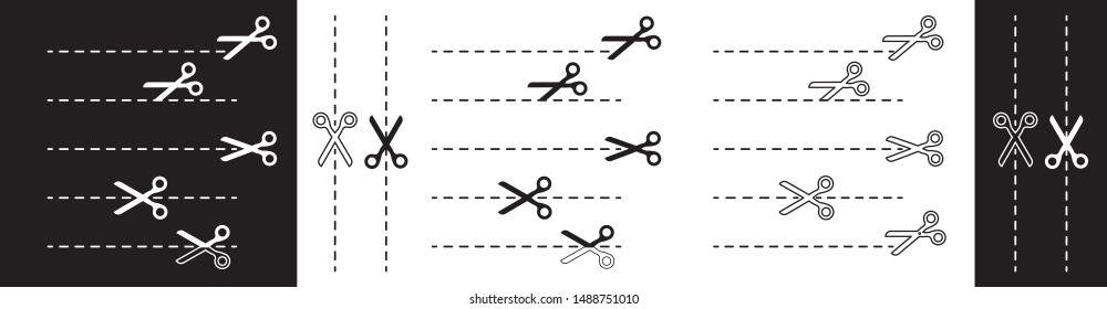 Scissors with cutting lines for printing graphics. Coupon and Ticket dotted line separation icon. 