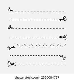 Tijeras y líneas de corte. Línea de puntos divisoria negra de tijera