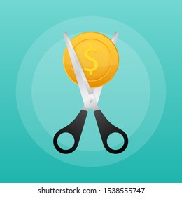 Scissors cutting money bill in flat style. Price, cost reduction or cut price. Vector stock illustration.