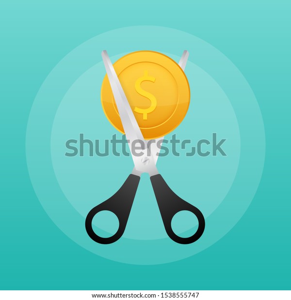 Scissors cutting money\
bill in flat style. Price, cost reduction or cut price. Vector\
stock illustration.