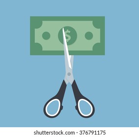 Scissors cutting money bill in half. Flat design