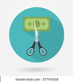 Scissors cutting money bill in half icon with long shadow. Flat design