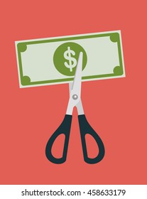 Scissors cutting money bill in half. Flat design