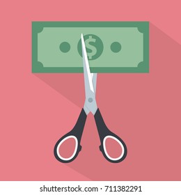 Scissors cutting money bill in half. Lowering price concept. 
