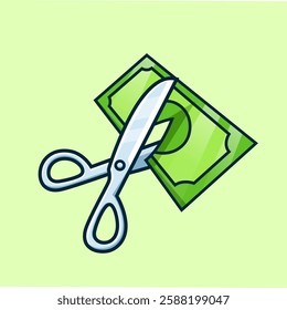 Scissors Cutting Money Cash Cartoon Vector Icon Illustration. Object Finance Icon Concept Isolated Premium Vector. Flat Cartoon Style