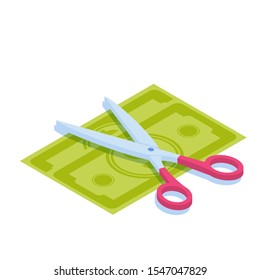  Scissors cutting money. Divide money, share profits or Sale concept Discounts symbol. Cost reduction or cut price. . Vector isometric illustration.