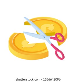  Scissors cutting money. Divide money, share profits or Sale concept Discounts symbol. Cost reduction or cut price. . Vector isometric illustration.