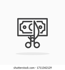 Scissors cutting money icon in line style. For your design, logo. Vector illustration. Editable Stroke.