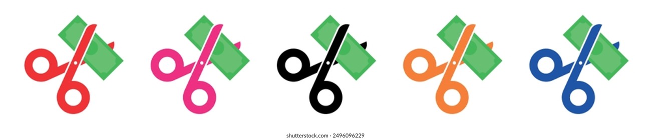 Scissors cutting money. Price cut colorful set
