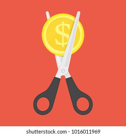 Scissors cutting money. Sale and Discounts symbol. Concept of cost reduction or cut price. Vector illustration in flat style. EPS 10.