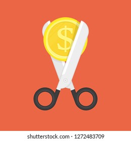 Scissors cutting money. Sale and Discounts symbol. Concept of cost reduction or cut price. Vector illustration in flat style. EPS 10.