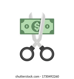 Scissors cutting money. Sale and Discounts symbol. Concept of cost reduction or cut price. Vector illustration in flat style. EPS 10.