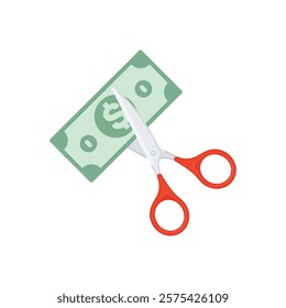 Scissors cutting money. Sale and Discounts symbol. Concept of cost reduction or cut price. 