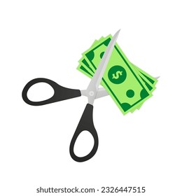 Scissors cutting money vector in flat style. Price, cost reduction or price reduction icon concept. Cutting money bill in flat style. Scissors and banknote with dollar sign. Vector illustration