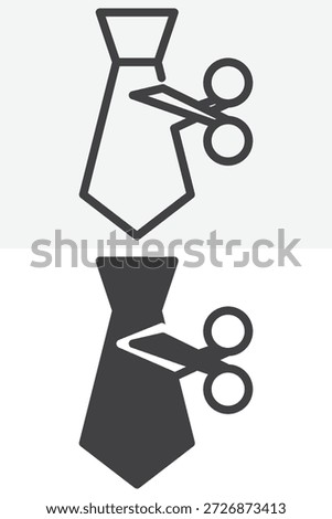 Scissors cutting necktie icon set in different style. Line, outline and solid icon vector sign and symbol with editable stroke. Tie cut icon for dismissal or change.
