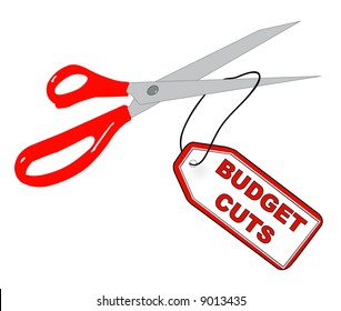 scissors cutting off tag that says budget cuts - vector