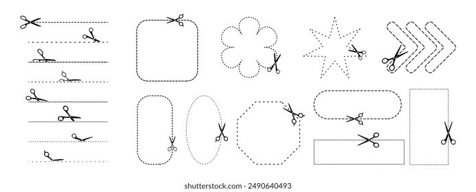 Tijeras cortando varias Formas con líneas discontinuas para proyectos de bricolaje y artesanía