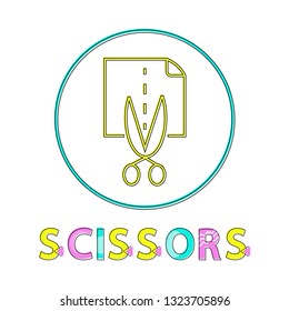Scissors cutting page icon in circle. Stainless object sharp blades separating paper on pieces. Dotted line for straight division isolated on vector