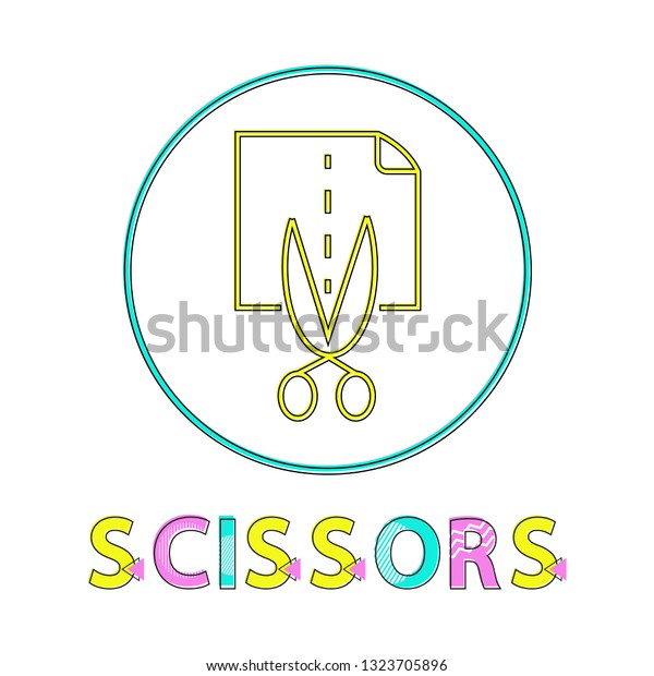Scissors cutting page icon in circle.
Stainless object sharp blades separating paper on pieces. Dotted
line for straight division isolated on
vector
