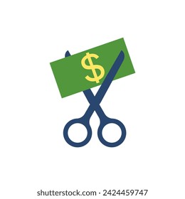Tijeras que cortan un billete de papel con un signo de dólar. Vector de color con dinero.