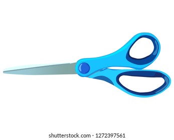 Scissors for cutting paper. Scissors with blue plastic handles and steel blades. Office scissors.