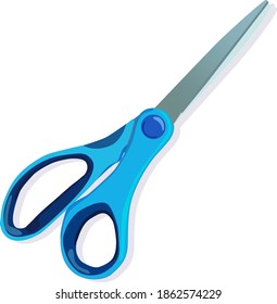 Scissors for cutting paper. Scissors with blue plastic handles and steel blades. Office scissors.