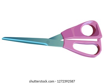 Scissors for cutting paper. Scissors with pink plastic handles and steel blades. Office scissors.