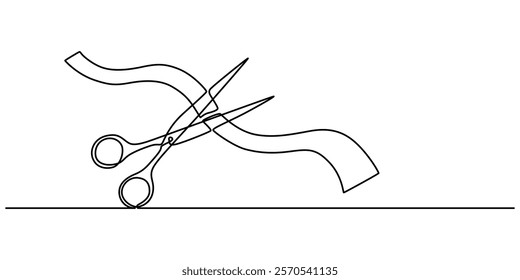 Scissors cutting paper, Scissors Cutting a Ribbon, Continuous one line drawing of cutting ribbon for grand opening, ribbon cutting ceremony for opening event or company concept, single line art, Open.