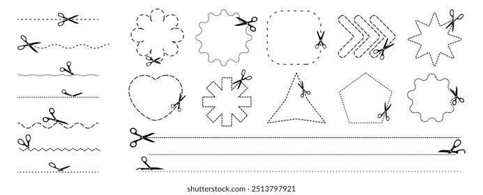 Padrões de corte de tesouras: pontilhado, ondulado, ziguezague, coração, estrela, seta e mais formas no design de vetor