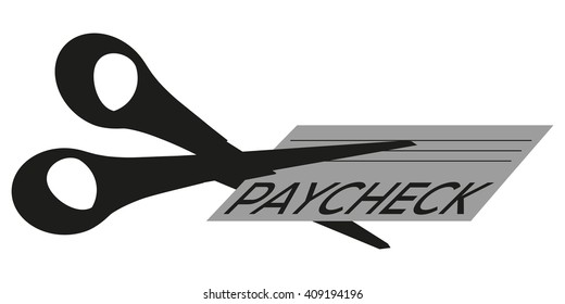 Scissors cutting paycheck, income, check or payroll. Black and white.