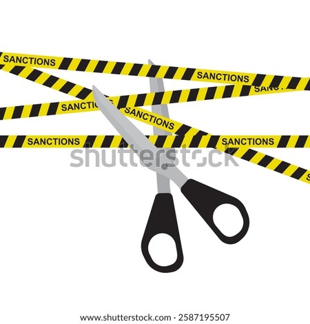 Scissors cutting a piece of black-yellow warning tape. End of sanctions, lifting restrictions, cancellation of ban. Design isolated on white background. flat vector illustration