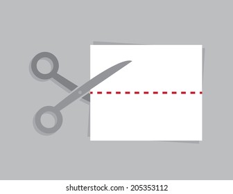 Scissors cutting a piece of paper at a dotted line 