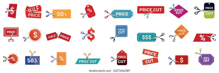 Scissors cutting price icons set. Colorful price tags and coupons being cut in half by scissors, symbolizing discounts and price reductions