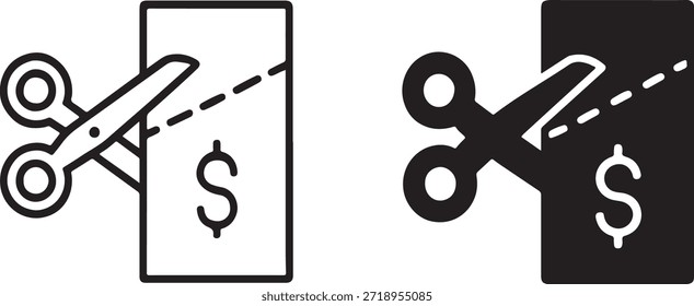 Tijeras cortando un icono de Cupón de reducción de Precio para ahorrar dinero y descuentos minoristas aislados sobre fondo blanco, Vector, ilustración