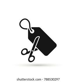 Scissors are cutting price tag as a discount symbol. Vector icon