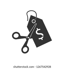 Scissors cutting price tag icon. Vector illustration, flat design. tag