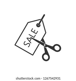 Scissors cutting price tag icon. Vector illustration, flat design. tag