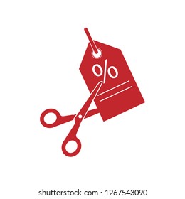 Scissors cutting price tag icon. Vector illustration, flat design. tag