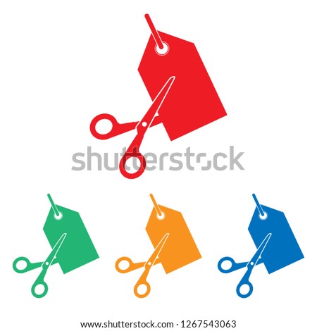 Scissors cutting price tag icon. Vector illustration, flat design. tag