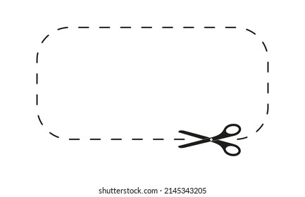 Scheren schneiden Rechteck Form mit gestrichelte Linie. Klicken Sie hier für einen Rabattcoupon, Gutschein, Werbecode einzeln auf weißem Hintergrund. Vektorgrafik