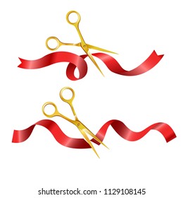 Scissors cutting red long ribbon set vector illustration