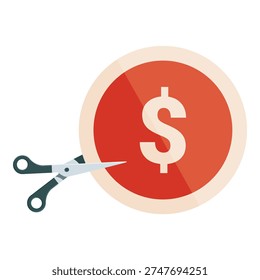 Scissors cutting a red price tag with dollar sign, representing cost reduction and budget cuts